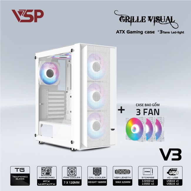CASE VSP GAMING V3 TRẮNG (TẶNG 3FAN RGB) (ATX/Mid Tower)
